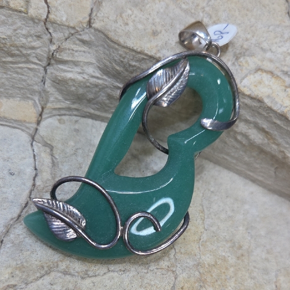 Artisan Jewelry - Sterling Silver Jadite Letter B Leaf Pendant
